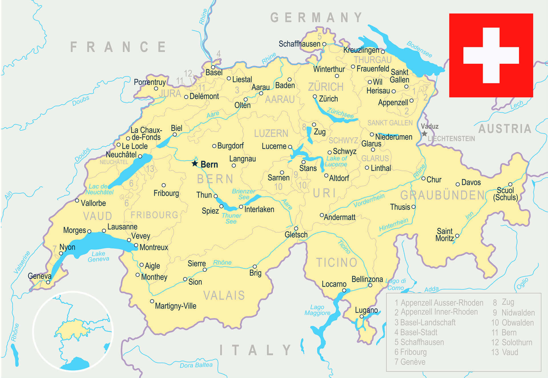 Switzerland Main Cities Map and Swiss Flag